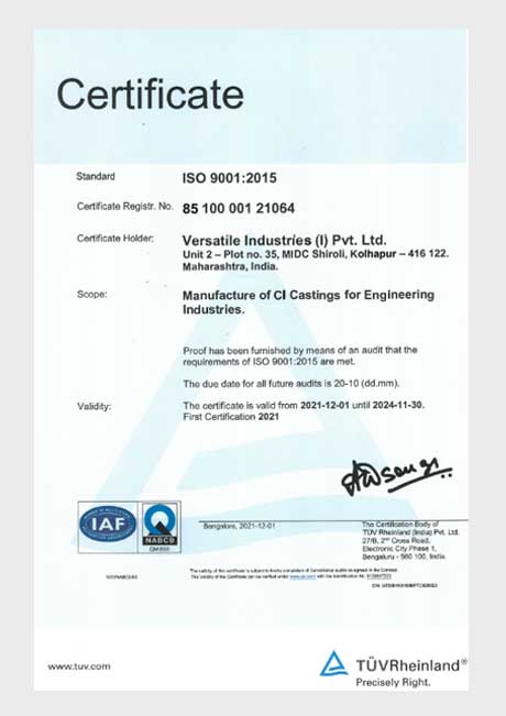Versatile Industries Pvt. Ltd.  - ISO 90001:2015